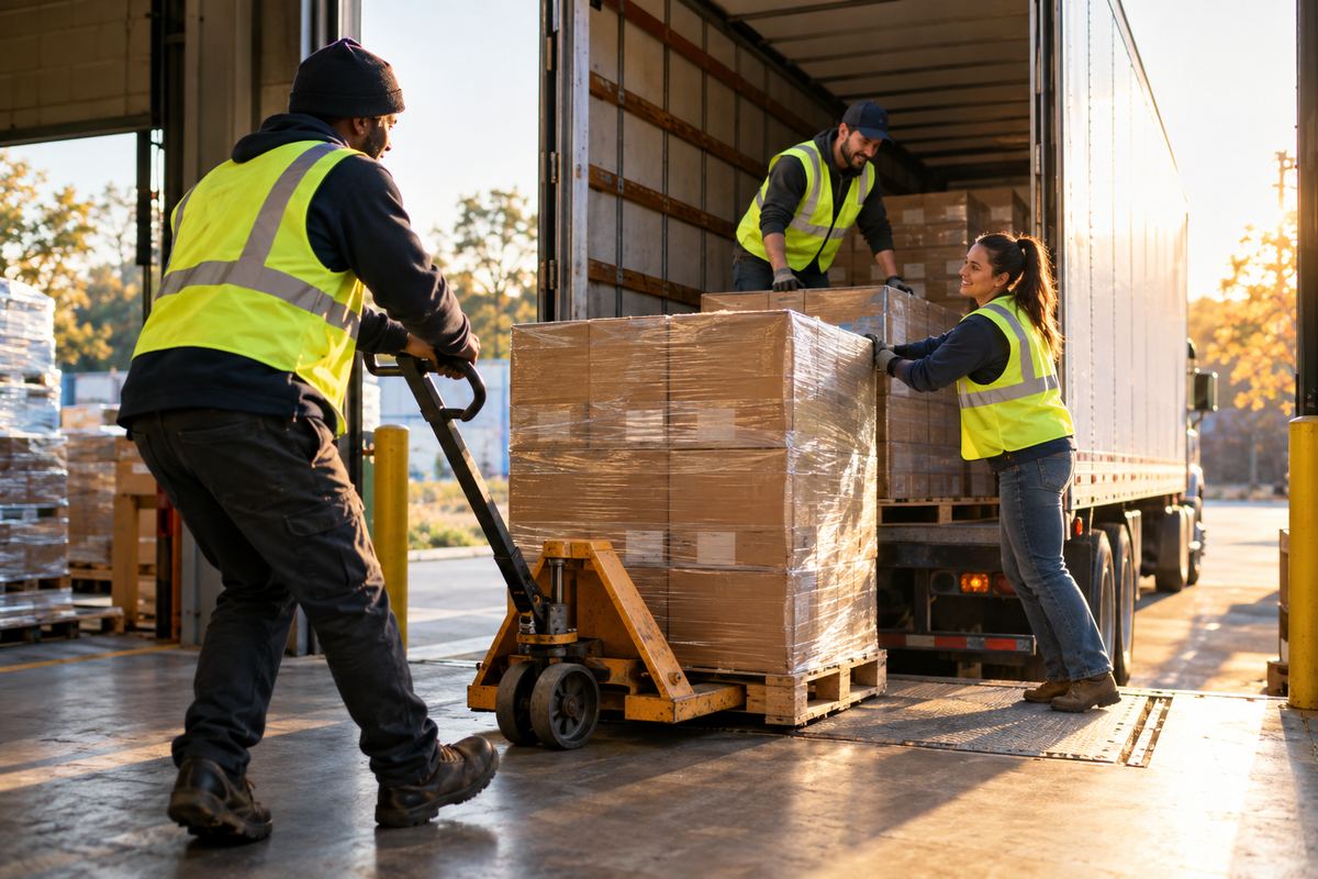 Crew loading pallets onto a trailer at a loading dock